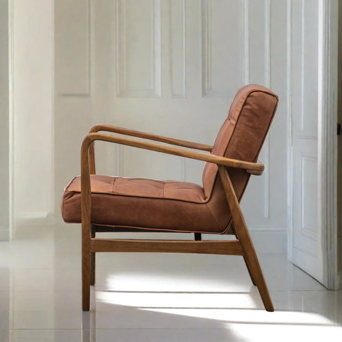 Hoxton Accent Armchair, Soft Vintage Brown Leather, Natural Oak Frame