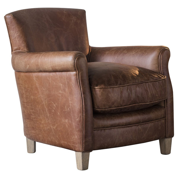 Paddington Traditional Vintage Brown Leather Armchair, Ash Wood Legs