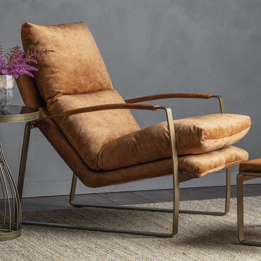 Modern Ochre Fabric Lounge Chair – Gold Iron Frame & Plush Design  