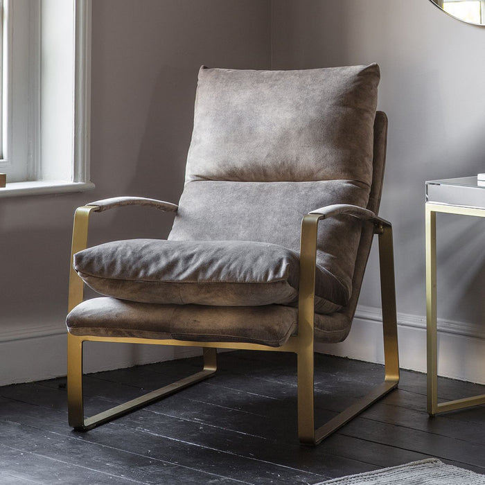 Verona Lounge Armchair, Mineral, Brown Fabric, Gold Meral Frame