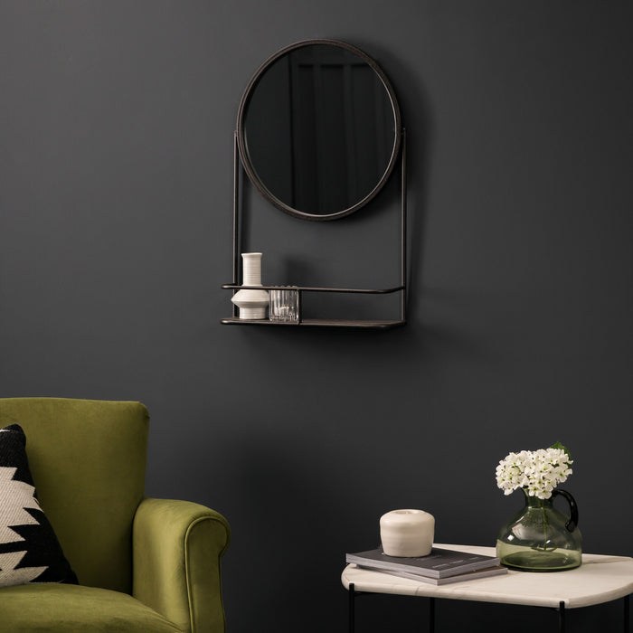 Industrial Black Round Wall Mirror – Shelf Design & Iron Frame