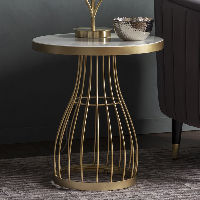 Chiara Decorative Side Table, Champagne, Metal Frame, Round Glass Top