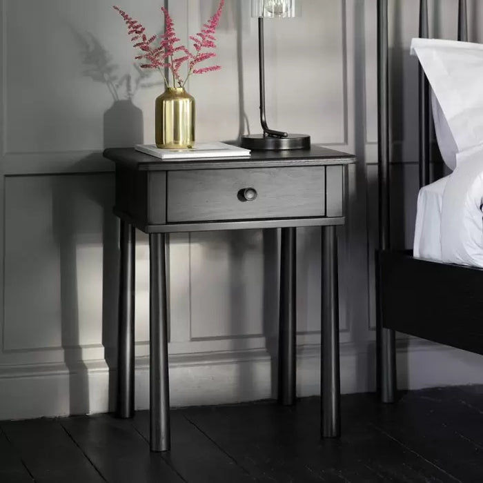 Oslo Modern Scandi Black Oak Bedside Table  with Drawer - Sleek Bedroom Accent