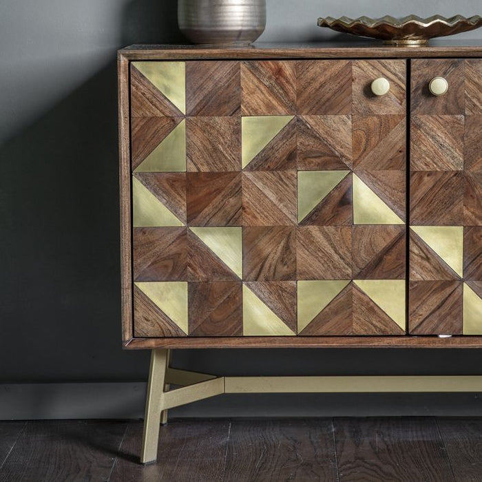 Martina Sideboard, Metal Legs, Mango Wood, Geometric Design, Gold