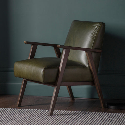 Heritage Green Leather Armchair – Wood Frame & Retro Design  