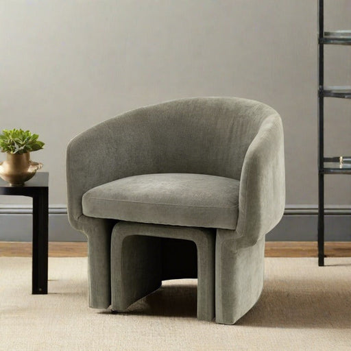 Contemporary Olive Fabric Armchair with Ottoman – Pine Frame & Plush Upholstery  