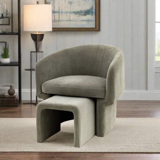 Contemporary Olive Fabric Armchair with Ottoman – Pine Frame & Plush Upholstery  