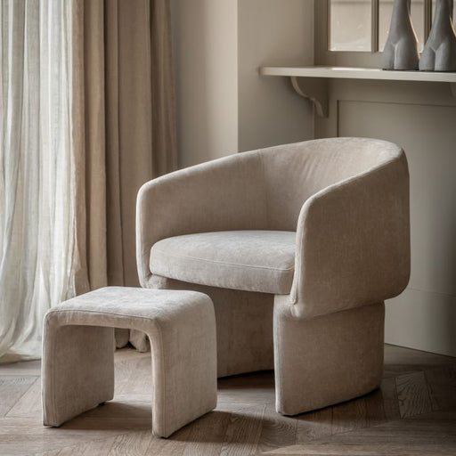 Elegant Cream Fabric Armchair with Ottoman – Pine Frame & Soft Upholstery  