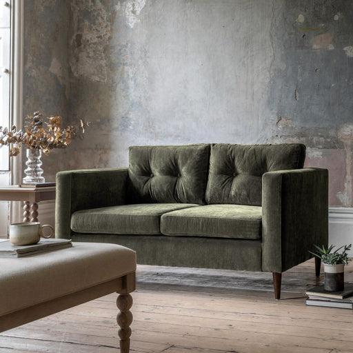 Devon 2-Seater Forest Green Fabric Sofa with Tapered Wooden Feet