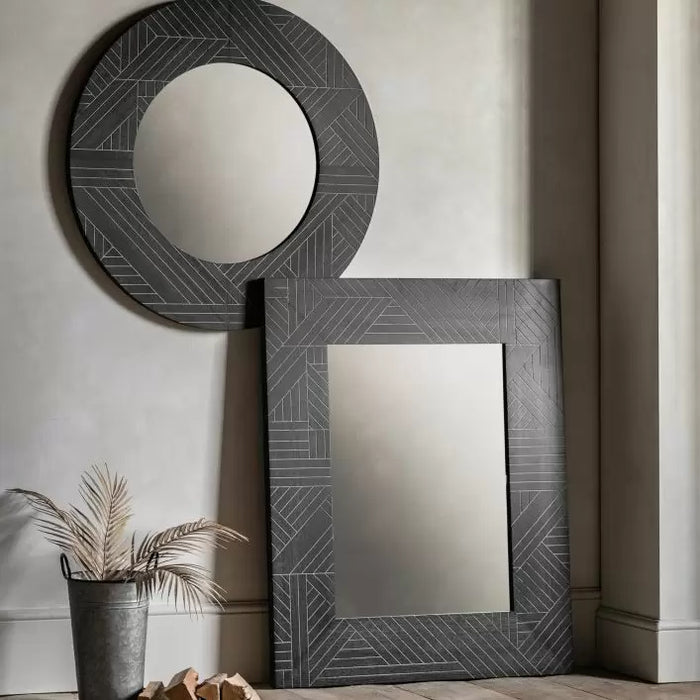 Round Black Herringbone Wood Wall Mirror