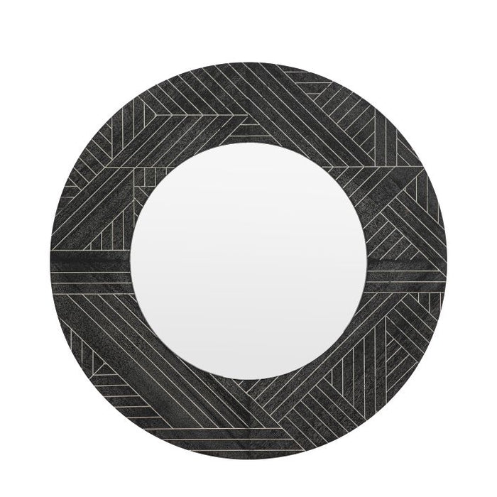 Round Black Herringbone Wood Wall Mirror