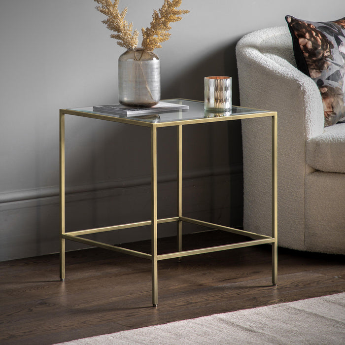 Grace Side Tables, Square Metal Framed, Champagne, Clear Glass Table Top