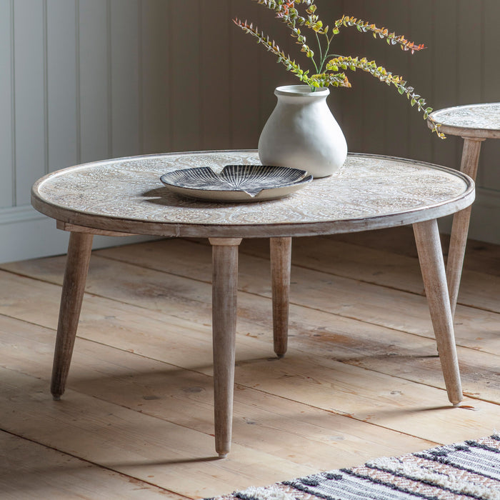 Harper Coffee Table, Metal Round, Natural, White Mango Wood Top