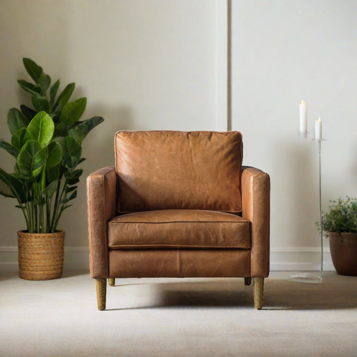 Forden Accent Armchair, Vintage Brown Leather, Oak Legs