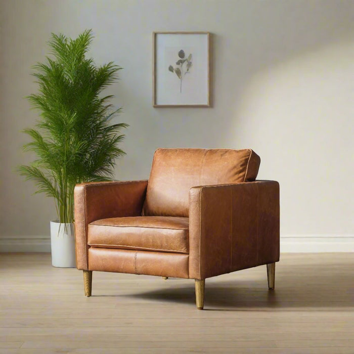 Forden Accent Armchair, Vintage Brown Leather, Oak Legs