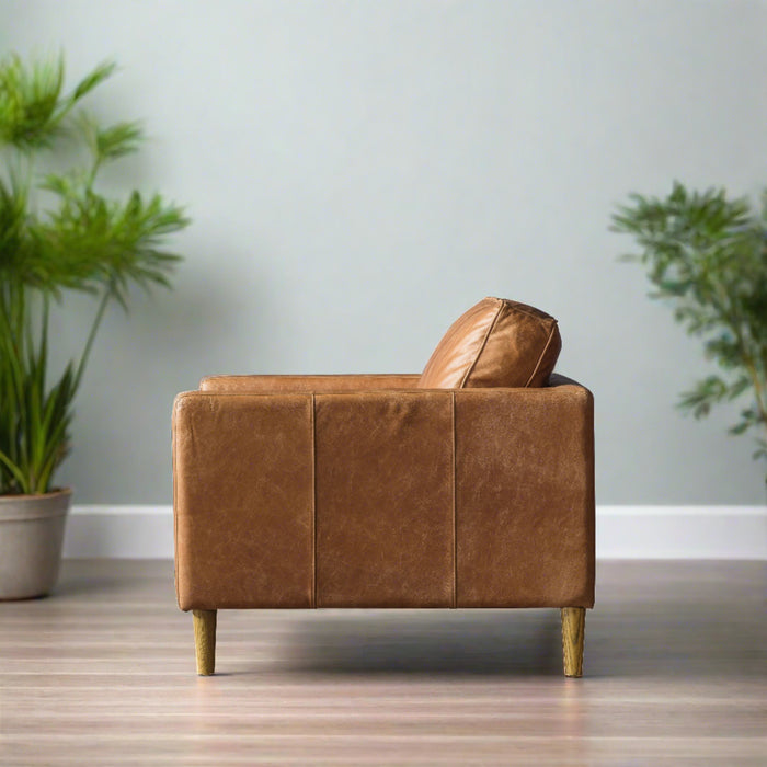 Forden Accent Armchair, Vintage Brown Leather, Oak Legs