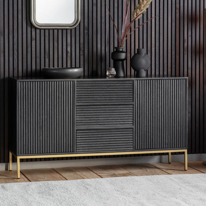 Marcella Sideboard, Black, Gold, Mango Wood, Metal Legs, 2 Door, 3 Drawers