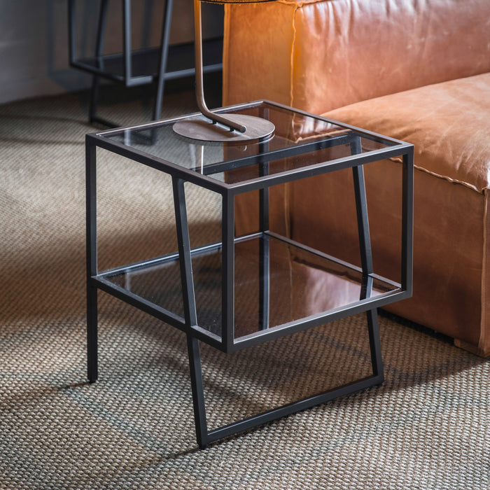 Shoreditch Side Table, Black Metal Frame, 1 Shelf, Glass Top