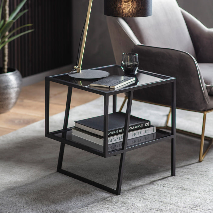 Shoreditch Side Table, Black Metal Frame, 1 Shelf, Glass Top