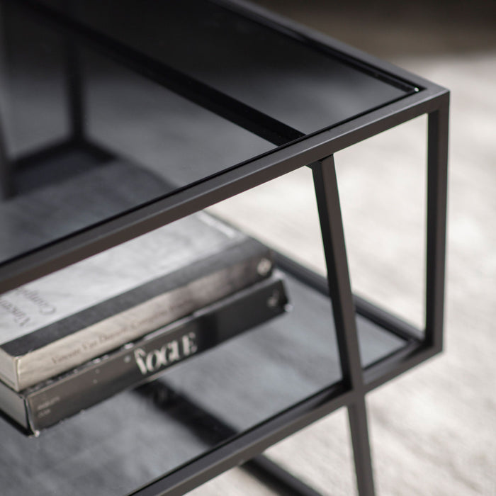 Shoreditch Coffee Table, Black Metal, Glass Top, Storage Shelf