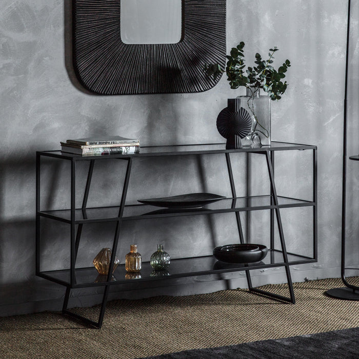 Shoreditch Console Table,  Black Metal Frame, Smoke Glass Shelves, 3 Tier