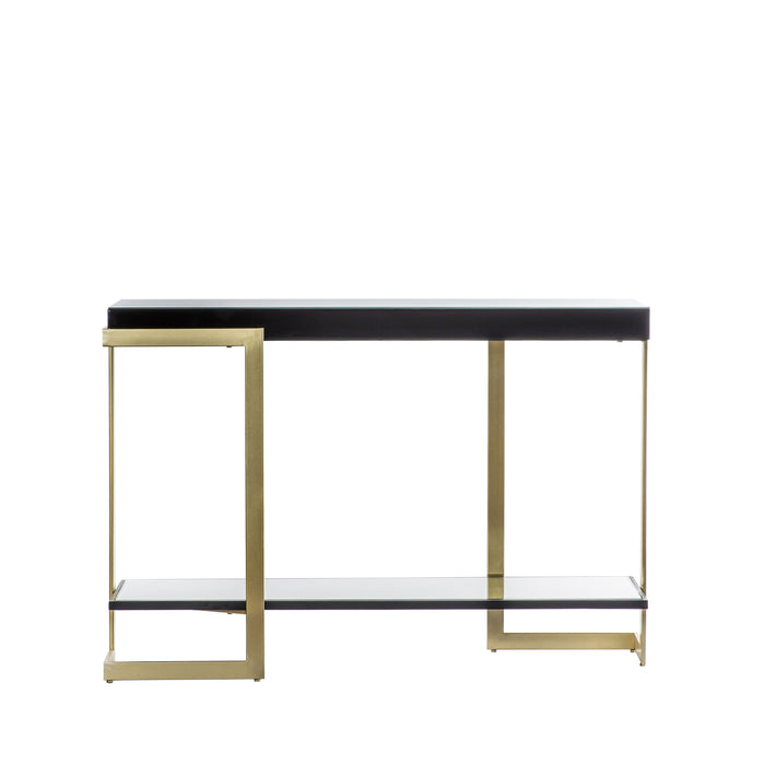 Viola Console Table, Gold Metal Frame, Black Glass Top, Lower Shelf