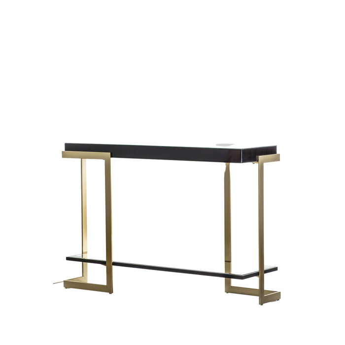 Modern Black & Gold Console Table – Sleek Glass Top with Metallic Frame