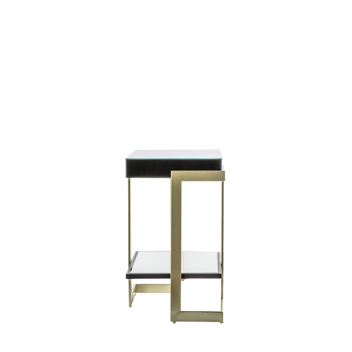 Viola Console Table, Gold Metal Frame, Black Glass Top, Lower Shelf