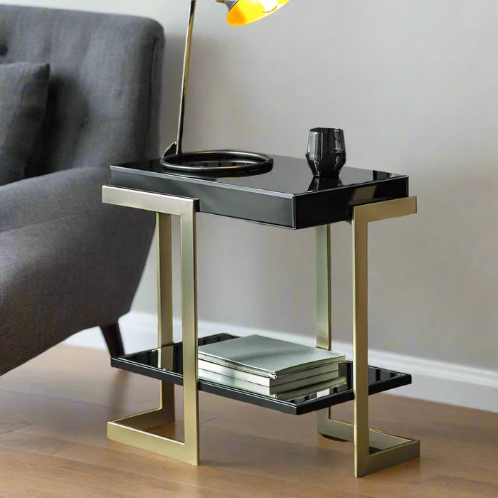 Tate Contemporary Black Glass &amp; Gold Metal Side Table - 60 cm