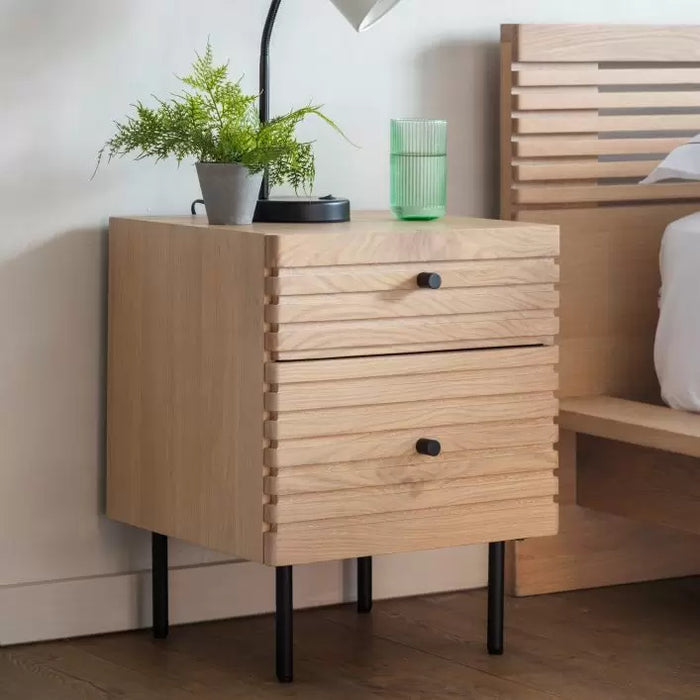 Hayami Contemporary Oak Bedside Table with Steel Legs - 2 Drawer Storage