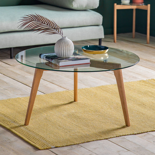 Modern Round Coffee Table – Tempered Glass Top & Oak Wooden Base 