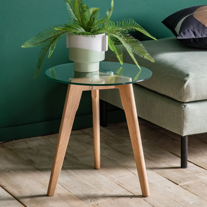 Poppy Side Table, Natural Wood Legs, Round Clear Glass Top