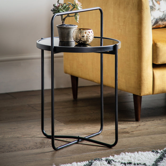 Noemi Decorative Side Table, Black Round Glass Top, Black Metal Framed