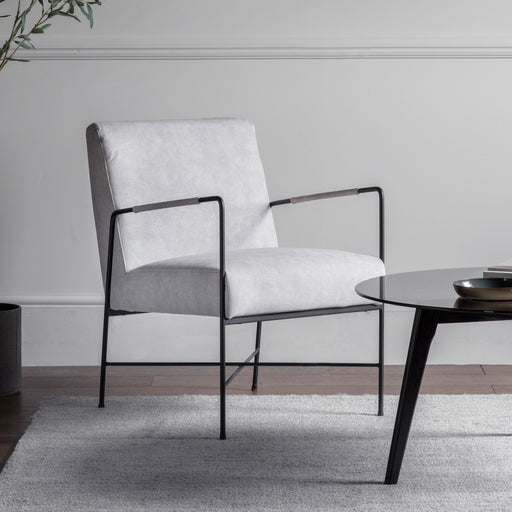 Elegant White Upholstered Armchair – Minimalist Metal Frame  