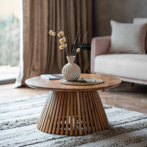 Elegant Acacia Wood Round Coffee Table – Slatted Base Design   