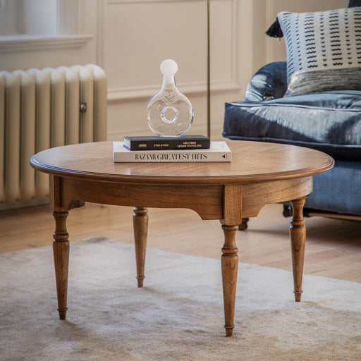 Classic Round Coffee Table – Mindi Wood Veneer Finish & Turned Leg Design  