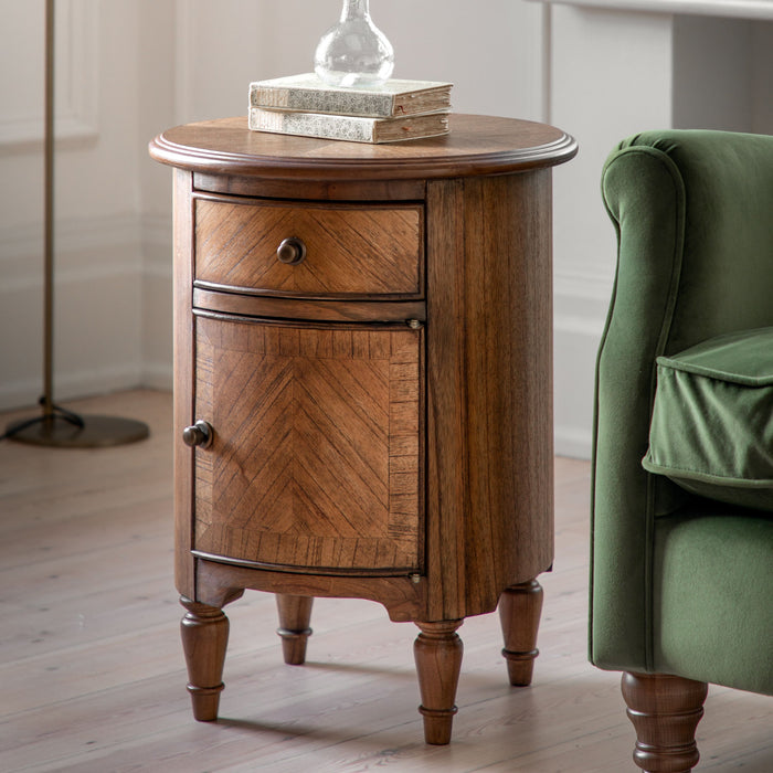 Beatrice Teak Drum Side Table, 1 Drawer, 1 Door