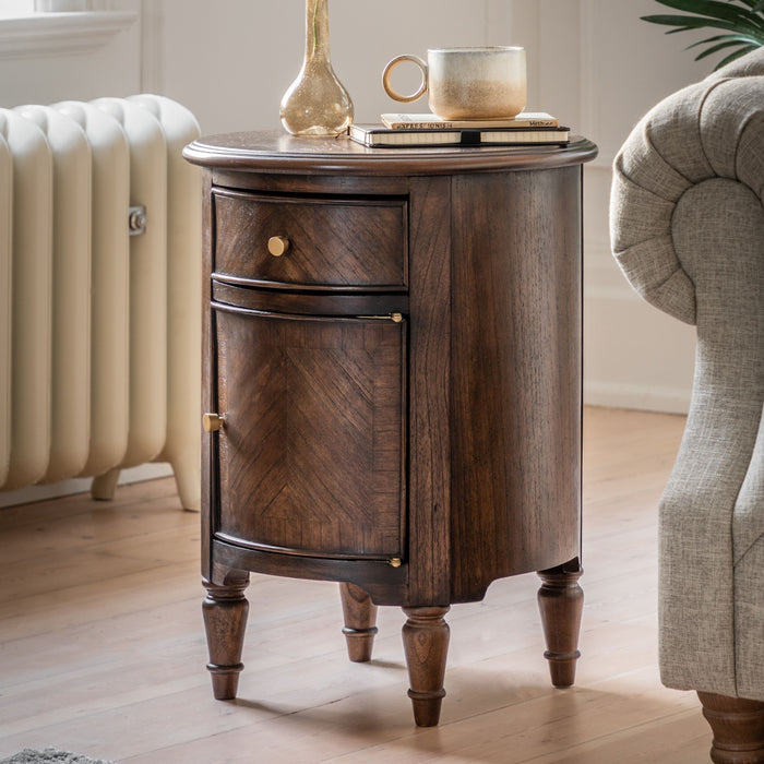 Gaia Drum Side Table, Coffee Table, Round Solid Walnut, 1 Drawer, 1 Door   