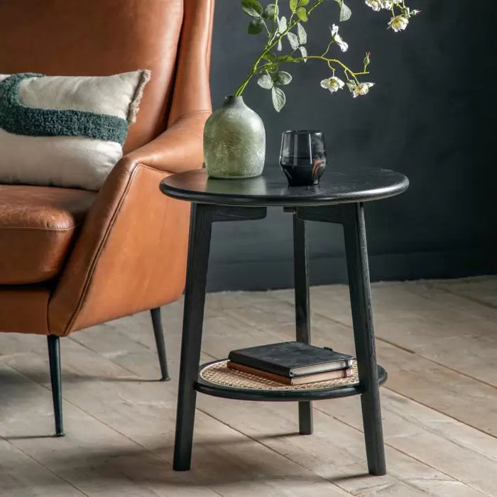 Florence Boutique Black Oak & Rattan Bedside / Side Table.