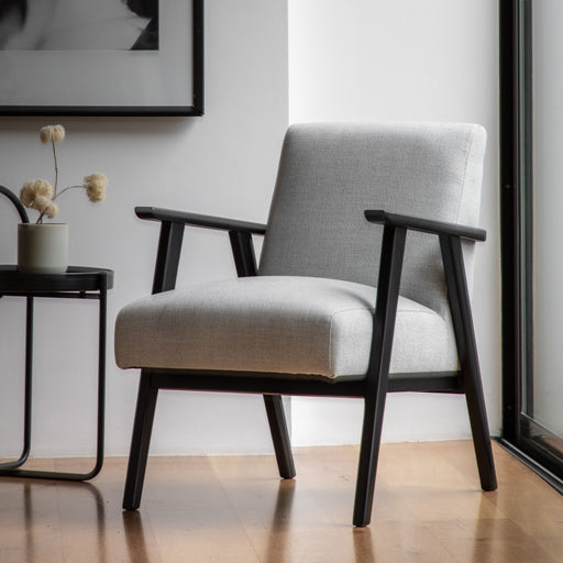 Modern White Fabric Armchair – Oak Frame & Minimalist Design  