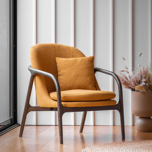 Modern Ochre Upholstered Armchair – Oak Frame & Cozy Bouclé Fabric  