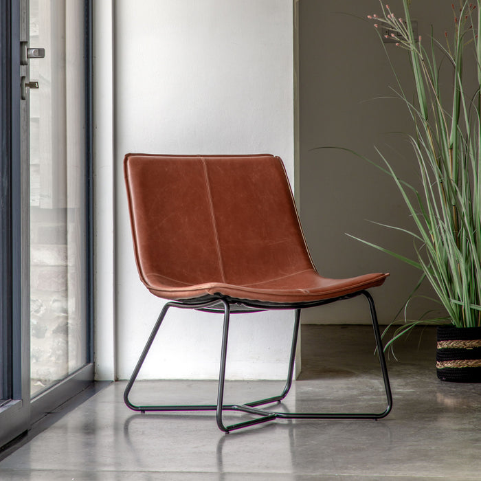 Naples Lounge Accent Chair, Brown Leather, Black Metal Frame