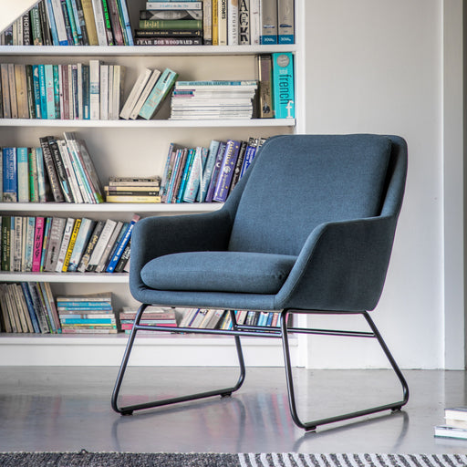 Modern Midnight Blue Fabric Accent Chair – Sleek Iron Frame & Plush Padding  