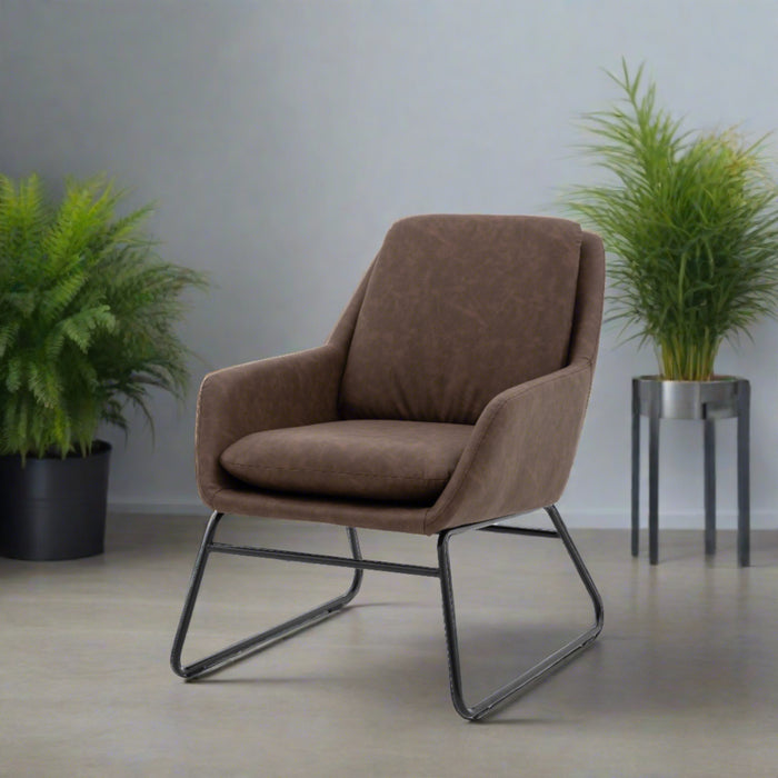 Hudson Accent Armchair, Brown Leather, Black Metal Legs