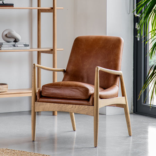 Mid Century Brown Leather Armchair – Ash Frame & Plush Cushioning  