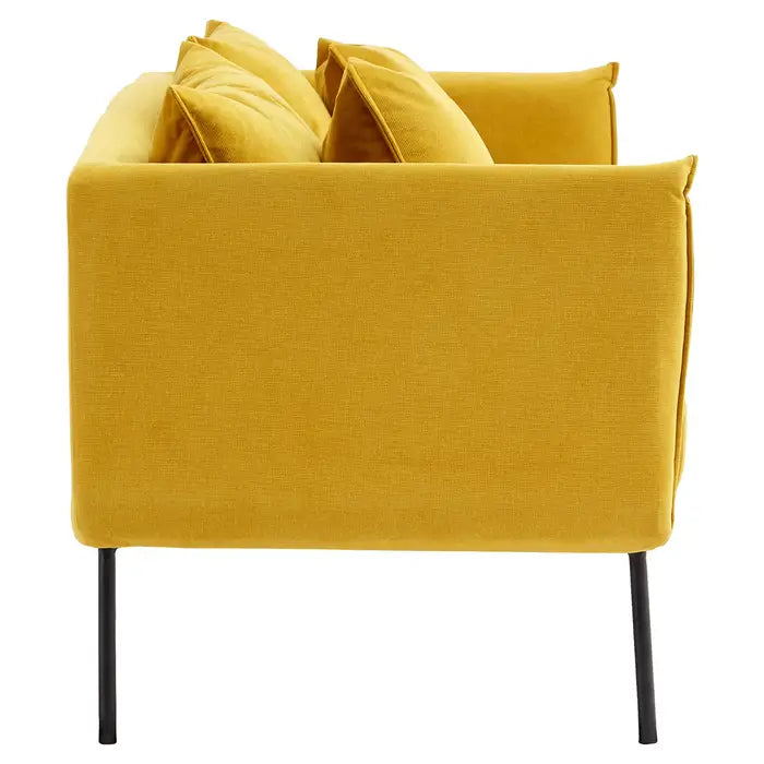 Kolding Two Seater Sofa, Yellow Fabric, 2 Matching Cushions, Black Metal Legs, Slim u Shape