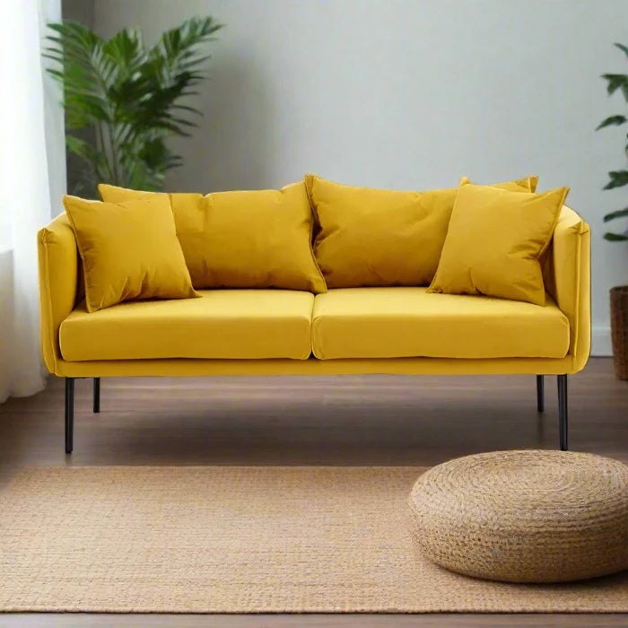 Kolding Two Seater Sofa, Yellow Fabric, 2 Matching Cushions, Black Metal Legs, Slim u Shape