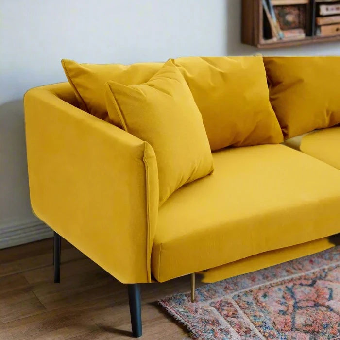 Kolding Two Seater Sofa, Yellow Fabric, 2 Matching Cushions, Black Metal Legs, Slim u Shape