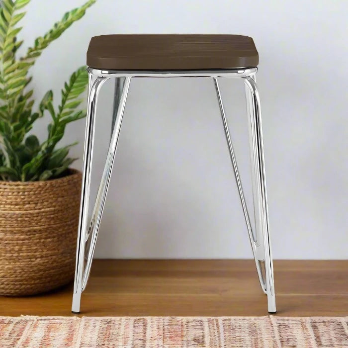 Battersea Chrome Metal And Elm Small Wood Stool