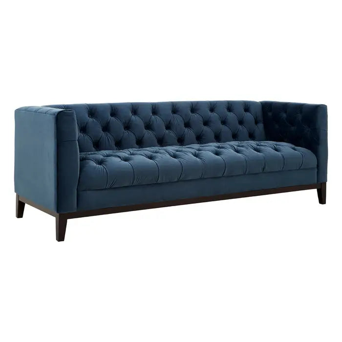 Sasha 3 Seater Sofa, Midnight Blue Velvet, Black Wooden Legs, Button Tufted Chesterfield Design
